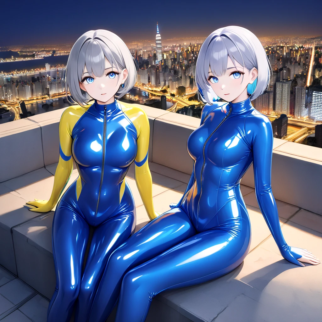 (Multiple girls),(最High image quality, 8k, masterpiece:1.3), (24 years old:1.5), (Grey Hair), ( bob cut ), (Oblique sky blue eyes), (( full body rubber suit 、blue、yellow line、colorful、no zipper 、rubber suit glossy 、Perfect fit、Full body shot、 look at this while sitting、City、Night view)), ([Ultra Clear:1.5), ( Shiny Skin:1.1),(Pale skin:1.1),High image quality、Clear contours