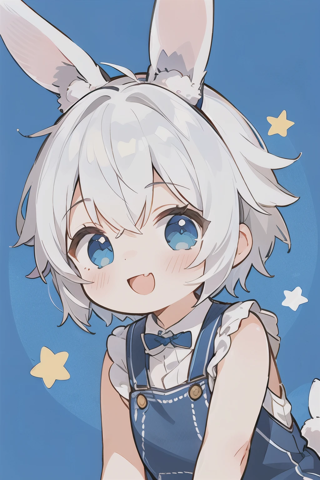 1 Boy, Animal ears,  white hair , Short hair, rabbit, Open your mouth, Smile, rabbit， blue eyes ,  looking at the audience , :d, whole body,  Simple Background , Electronic style , stripe， blush, Argyle, Star (symbol)，Blue powder，overall，Blue powder色，whole body展示
