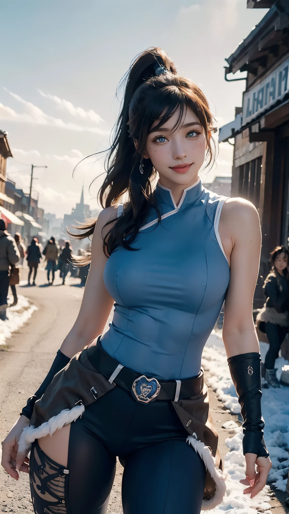 Korra,(best qualityer,4K,8k,high resolution,work of art:1.2)(weather: sunset), Mondstadt city background, shopping district, freckles, sleeveless top, fur belt tight leggings, winter boots, tribal embroidery, long ponytails hair, elbow long gloves, brown hair, ultra detailed,realisitic,portraite,beautiful detailed blue eyes, glowing eyes,blush,beautiful detailed lips,extremely detailed eye and face, long eyelashes,sexly,average, large breasts,beaming smile, sexy smile,powerful girl, sexy pose, stunning curves,bright coloured,dramatic lighting,