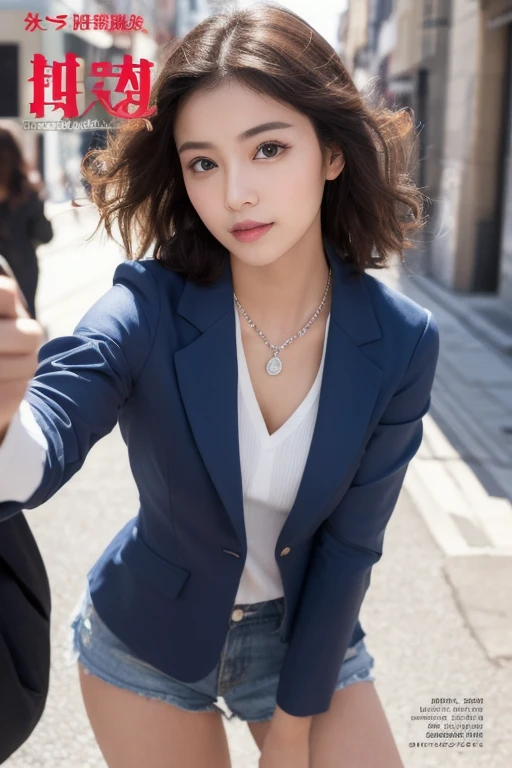 (masutepiece), (Best Quality), ((Super detailed beautiful face and eyes)), Realistic, with cool girls, Dynamic Angle, Short hair, (blue blouson jacket:1.1) And (Black tight skirt), ((Dark eyes)), Fingerless gloves, Jewelry Accessories, Studio Lighting