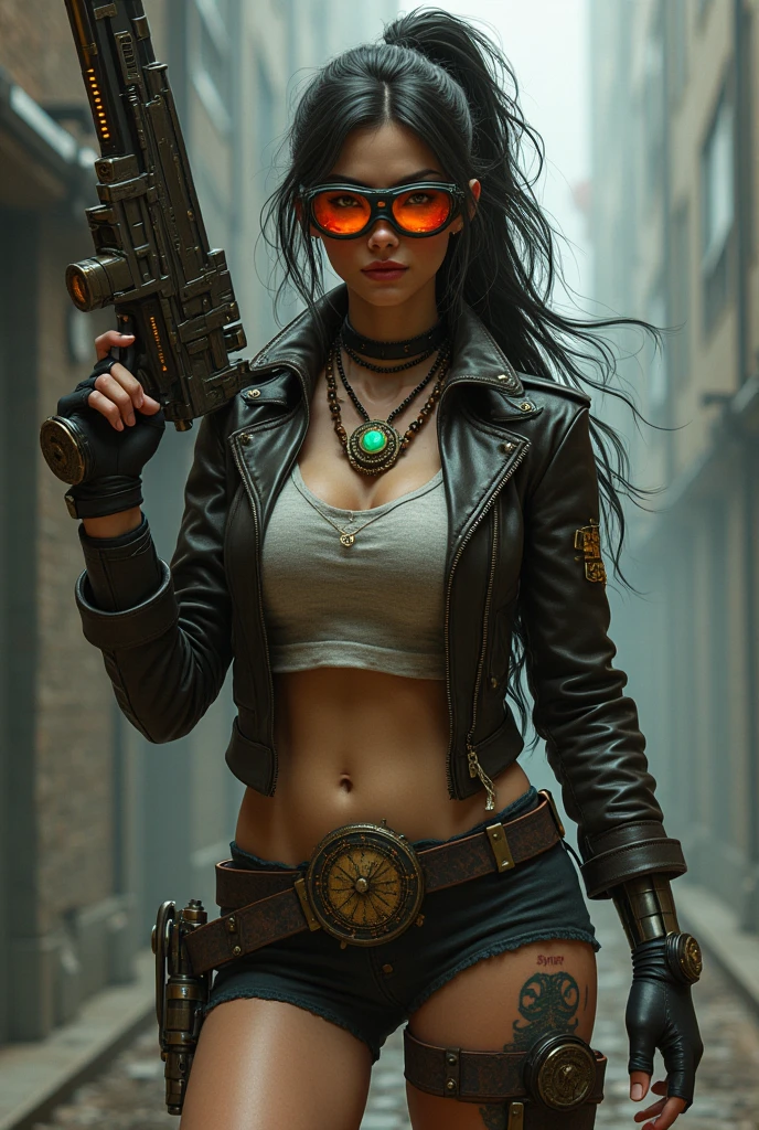 Movie poster, jungle warrior, medium breasted woman, black sunglasses, black jeans, belt, coat, rivets, holster, rivets, explosions, jungle, ruins, just one body, night