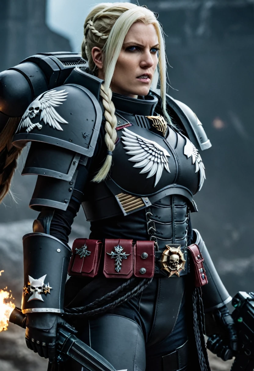 Katheryn Winnick,warhammer 40000, realista, fotografía, battle sister cosplay, space marine weapons, Blonde white hair with  braids, massive armore, angry, cinematic lighting, depth of field, wide shot, 85mm, Canon, highres, high details, accurate, anatomically correct, super detail, high quality, best quality