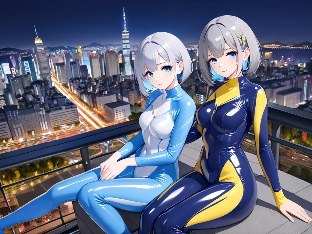 (Multiple girls),(最High image quality, 8k, masterpiece:1.3), (24 years old:1.5), (Grey Hair), ( bob cut ), (Oblique sky blue eyes), (( full body rubber suit 、blue、yellow line、colorful、no zipper 、rubber suit glossy 、Perfect fit、Full body shot、 look at this while sitting、City、Night view)), ([Ultra Clear:1.5), ( Shiny Skin:1.1),(Pale skin:1.1),High image quality、Clear contours