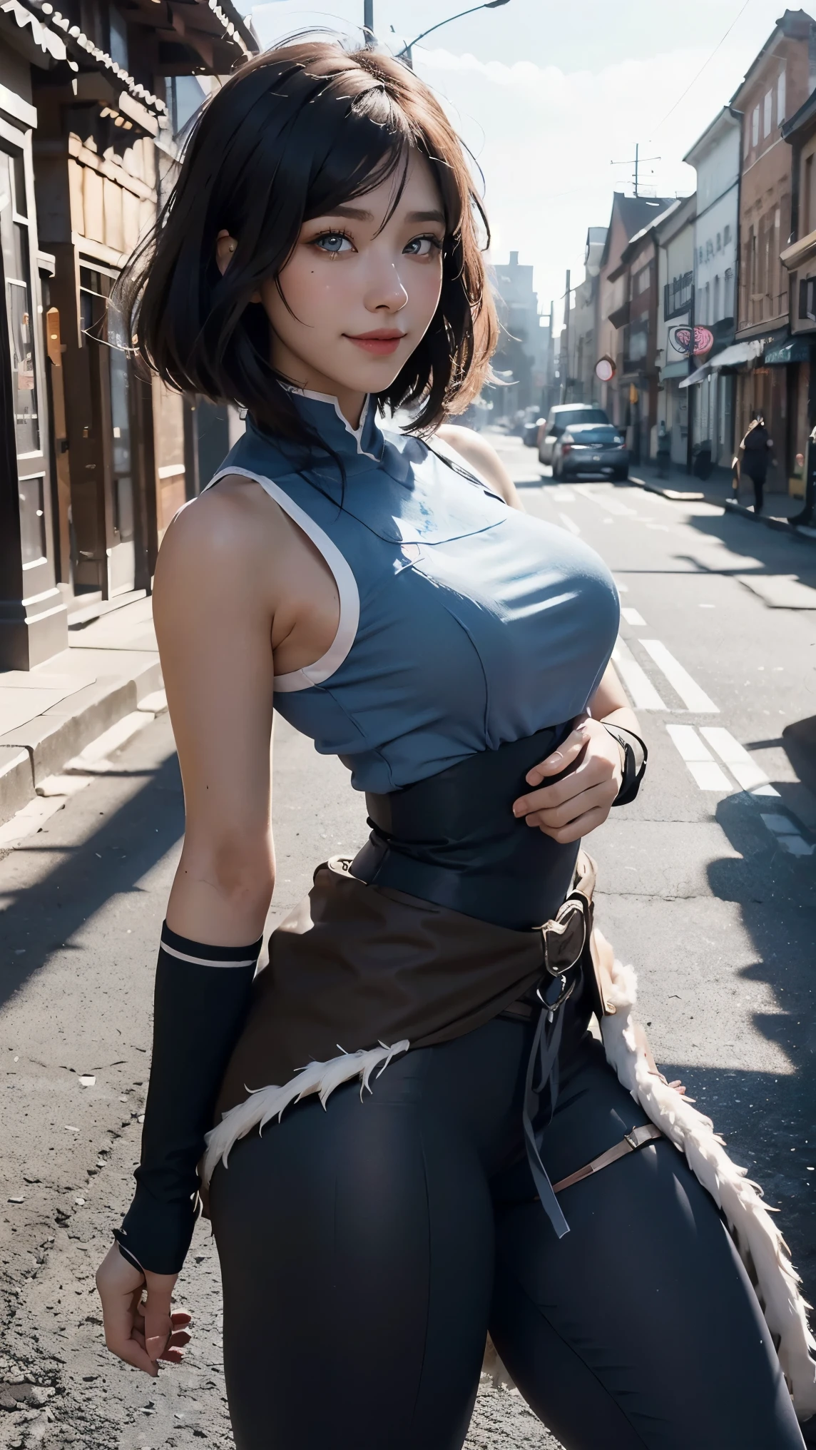 Korra,(best qualityer,4K,8k,high resolution,work of art:1.2)(weather: sunset), Mondstadt city background, shopping district, freckles, sleeveless top, fur belt tight leggings, winter boots, tribal embroidery, short straight hair, elbow long gloves, brown hair, ultra detailed,realisitic,portraite,beautiful detailed blue eyes, glowing eyes,blush,beautiful detailed lips,extremely detailed eye and face, long eyelashes,sexly,average, large breasts,beaming smile, flirty smile,powerful girl, elegant pose, stunning curves,bright coloured, dramatic lighting,