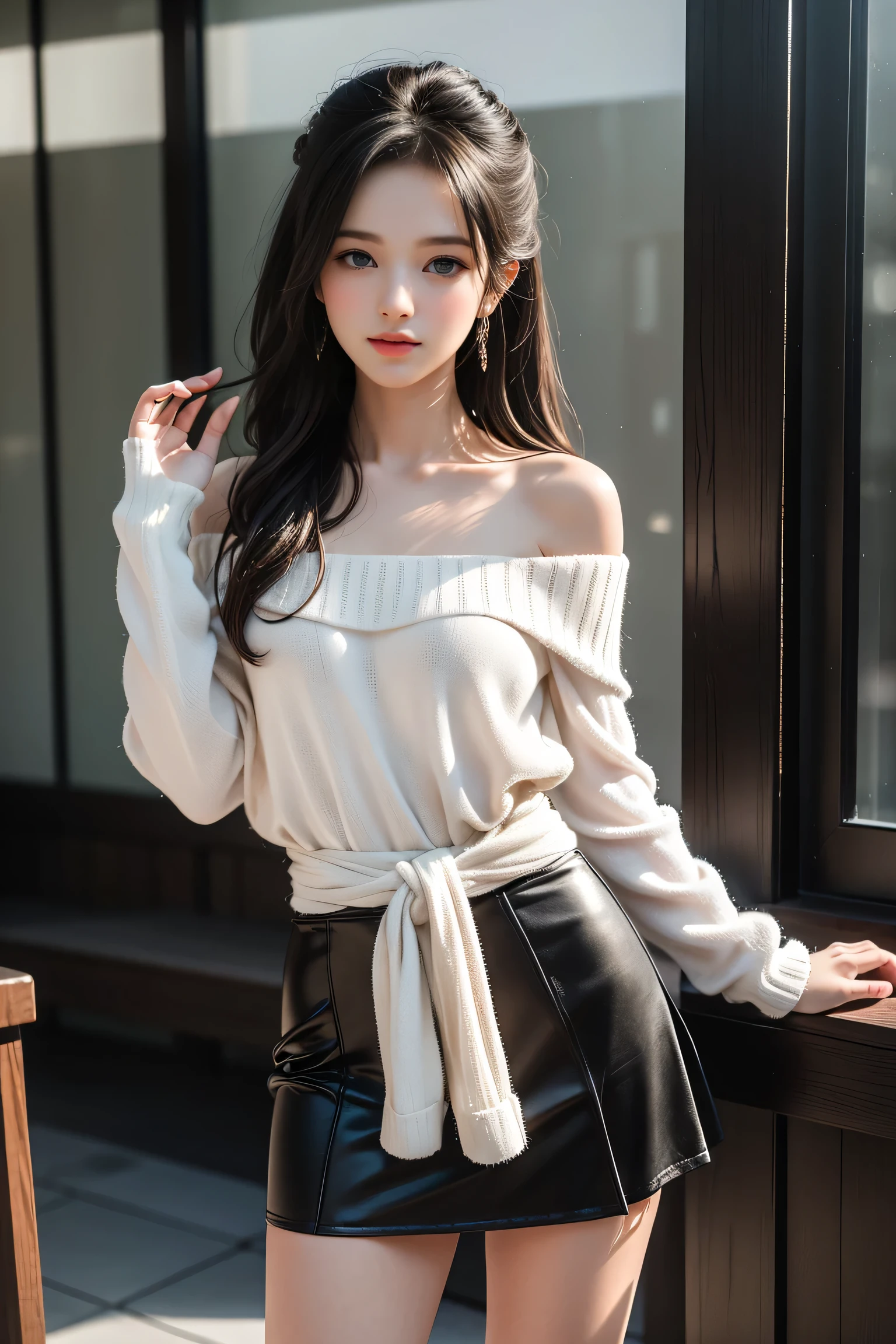 (8k、 RAW photos 、 best quality、 best quality、masterpiece:1.2)、( real、 Photorealistic :1.37)、 Very detailed、 ultra high resolution、 one girl who is at ease、beautiful exquisite face、smile、narrow、((Off-the-shoulder white hand knitted sweater showing lower chest、 sleeveless))、(( translucent black miniskirt ))、( Thin Waist:1.3)、beautiful、 、 skin texture、Hair float、 professional lighting、(8k、 RAW photos 、 best quality、masterpiece:1. 2)、( real、 real:1. 37)、 Very detailed、 ultra high resolution、 1 Girl、 Viewers、 beautiful て濃い顔、daughter、Small waist、(Small waist):1.2、( beautiful て濃い顔、daughter、Small waist):1.3、( beautiful て濃い顔、daughter、Small waist):1.4。3)、beautiful 、 skin texture、Protruding fur 、 professional lighting、human body、中華料理店で Wakino を上げる、 Wakino を見せて、 laughs、 Raise Your Side at a Chinese Restaurant 、 Beautiful lighting from the front 、 from the front、 Wakino 、 Hosts 、hara 、 Wakino 、Show your side、(( lower chest are visible )) sleeveless、upper armを見せる、upper arm、 raise your hand、Hosts