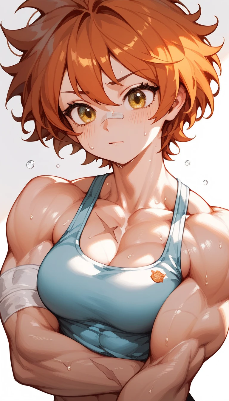  girl,Short hair,Copper hair, in yellow eyes,, there is a scar on the face ,cute, Medium Bust,There is a bandage around the chest ,, there are thin golden muscles., sweating,