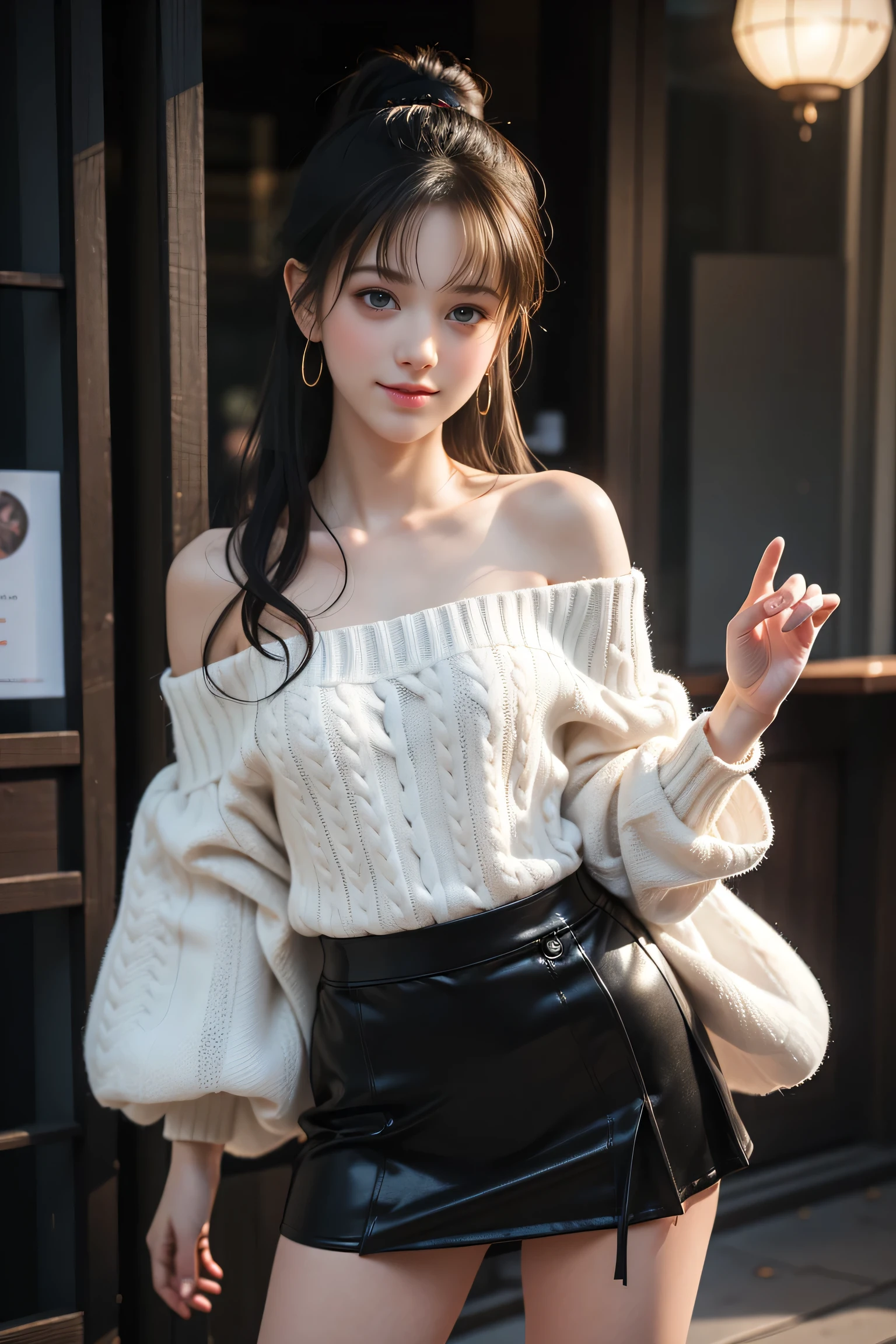 (8k、 RAW photos 、 best quality、 best quality、masterpiece:1.2)、( real、 Photorealistic :1.37)、 Very detailed、 ultra high resolution、 one girl who is at ease、beautiful exquisite face、smile、narrow、((Off-the-shoulder white hand knitted sweater showing lower chest、 sleeveless))、(( translucent black miniskirt ))、( Thin Waist:1.3)、beautiful、 、 skin texture、Hair float、 professional lighting、(8k、 RAW photos 、 best quality、masterpiece:1. 2)、( real、 real:1. 37)、 Very detailed、 ultra high resolution、 1 Girl、 Viewers、 beautiful て濃い顔、daughter、Small waist、(Small waist):1.2、( beautiful て濃い顔、daughter、Small waist):1.3、( beautiful て濃い顔、daughter、Small waist):1.4。3)、beautiful 、 skin texture、Protruding fur 、 professional lighting、human body、中華料理店で Wakino を上げる、 Wakino を見せて、 laughs、 Raise Your Side at a Chinese Restaurant 、 Beautiful lighting from the front 、 from the front、 Wakino 、 Hosts 、hara 、 Wakino 、Show your side、(( lower chest are visible )) sleeveless、upper armを見せる、upper arm、 raise your hand、Hosts