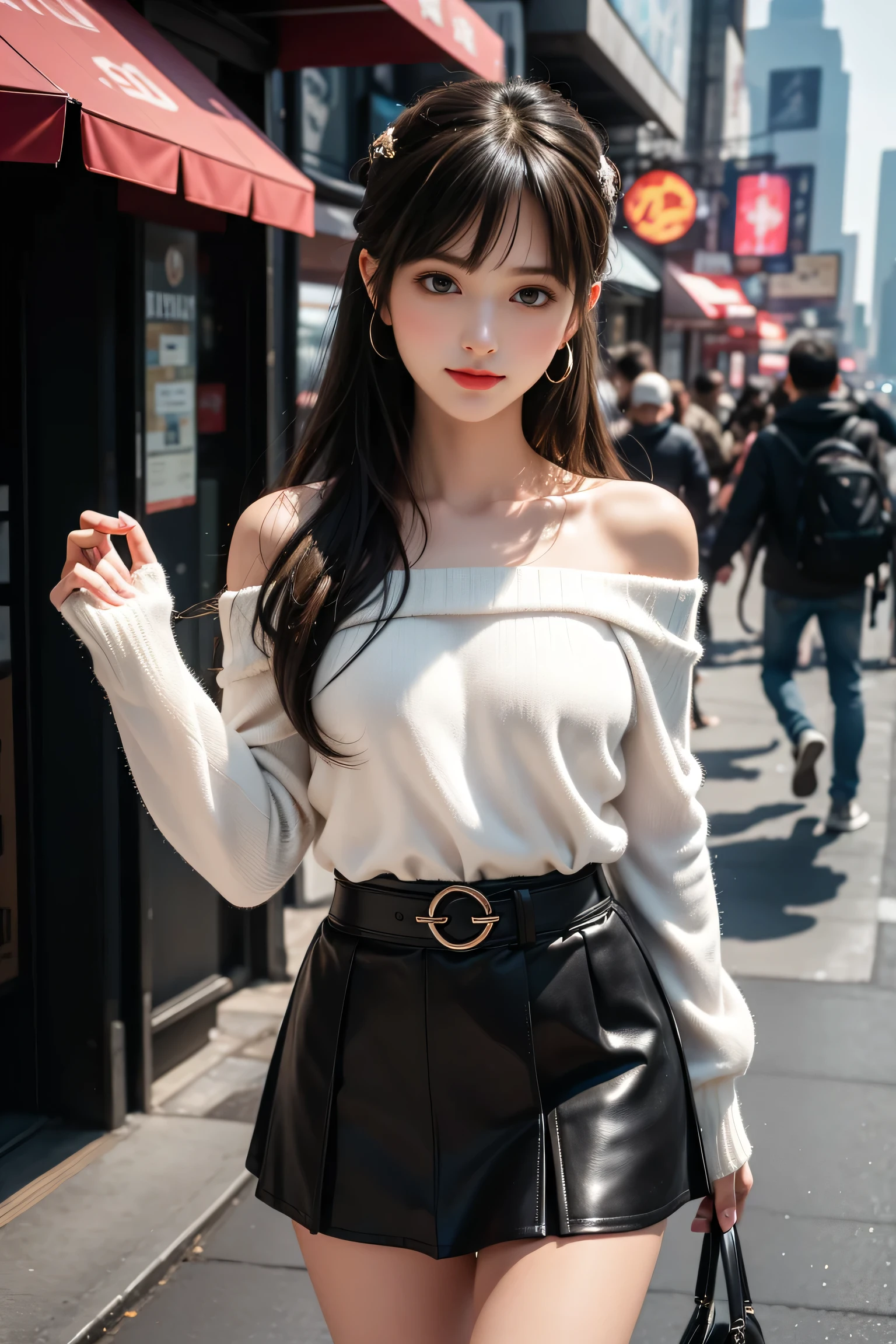 ((Woman walking through the streets of New York)),(8k、 RAW photos 、 best quality、 best quality、masterpiece:1.2)、( real、 Photorealistic :1.37)、 Very detailed、 ultra high resolution、 one girl who is at ease、beautiful exquisite face、smile、narrow、((Off-the-shoulder white hand knitted sweater showing lower chest、 sleeveless))、((black leather mini skirt))、( Thin Waist:1.3)、beautiful、 、 skin texture、Hair float、  professional lighting、(8k、  RAW photos 、 best quality、masterpiece:1. 2)、( real、 real:1. 37)、  Very detailed、  ultra high resolution、 1 Girl、 Viewers、 beautiful て濃い顔、daughter、Small waist、(Small waist):1.2、( beautiful て濃い顔、daughter、Small waist):1.3、( beautiful て濃い顔、daughter、Small waist):1.4。3)、beautiful 、 skin texture、Protruding fur 、 professional lighting、human body、中華料理店で Wakino を上げる、 Wakino を見せて、((underboob)) laughs、 Raise Your Side at a Chinese Restaurant 、 Beautiful lighting from the front 、 from the front、 Wakino 、 Hosts 、hara 、 Wakino 、Show your side、(( lower chest are visible )) sleeveless、upper armを見せる、upper arm、 raise your hand、Hosts  