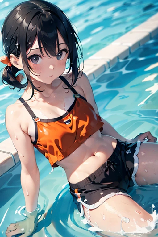 (white swimsuit(camisole):1.2),(navy shorts:1.2),(ぬるぬるローションでsoaking wet:1.3),pool(soaking wet,ぬるぬるローションpool),