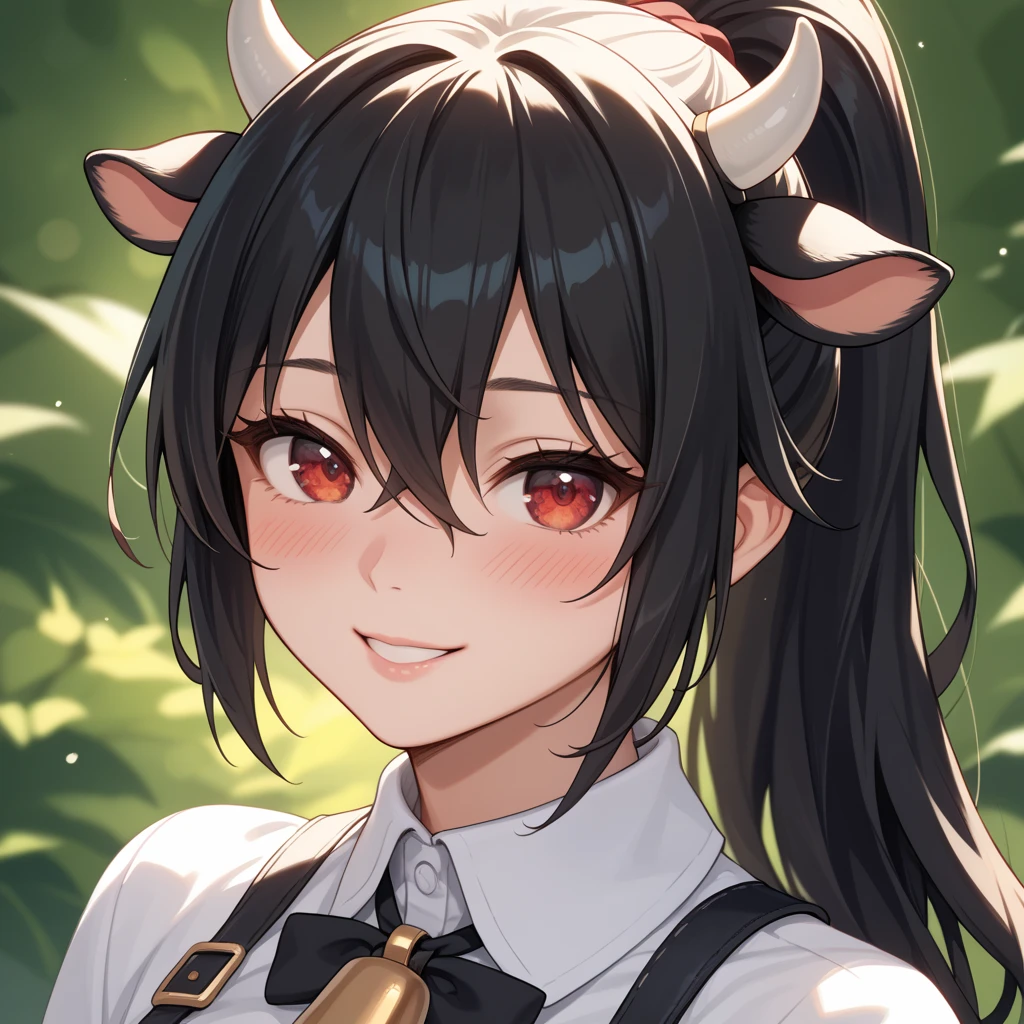 score_9, score_8_up, score_7_up, score_6_up, score_5_up, score_4_up, (1 girl), Hair Between Eyes, Black Hair, Ponytail, Breasts, Animal Ears, Cow Ears, Smile, Blush, Red Eyes, Light Smile, white skin, black fur, Shy, Close-up, small cow Horns, cinematic lighting, daylight, Anime Style, Character Design, Digital Art, Looking at viewer, 