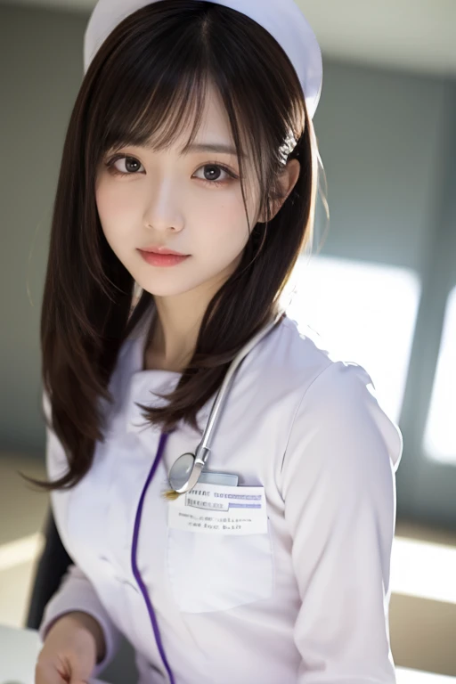 ( table top underneath the jacket、 best quality、32K、Award-winning works、 ultra high resolution)、(Beautiful nurse:1.1)、( perfect white nurse uniform :1.1),bread,Sparkling, Beautiful Hair, accurate ,( Strongly Blurred White Background :1.1),( Extremely Bright White Lights :1.1)、(顔のClose up:1.3),Perfect beautiful makeup,Stunning cinema lighting、 Tyndall effect,( Standing elegantly:1.1),(Glowing White Skin:1.1)、Sparkling beautiful skin、Sparkling肌, Watch Viewers,Close up,