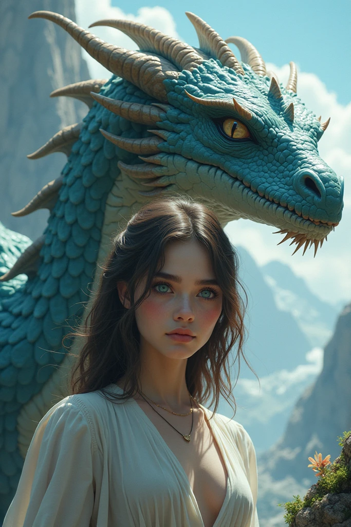 Jeune fille aux cheveux bruns et aux yeux bleus, avec un dragon violet, version animé