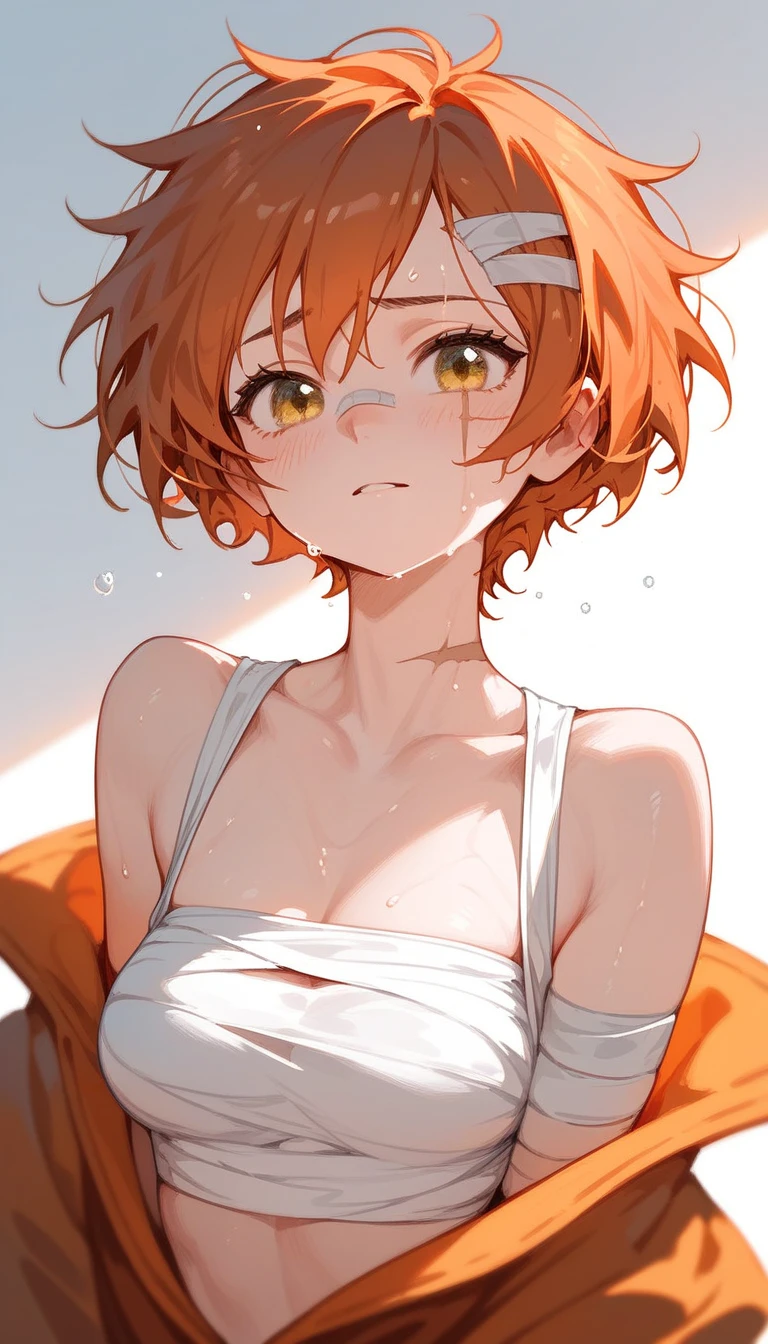  girl,Short hair,Copper hair, in yellow eyes,, there is a scar on the face ,cute, Medium Bust,There is a bandage around the chest, sweating,