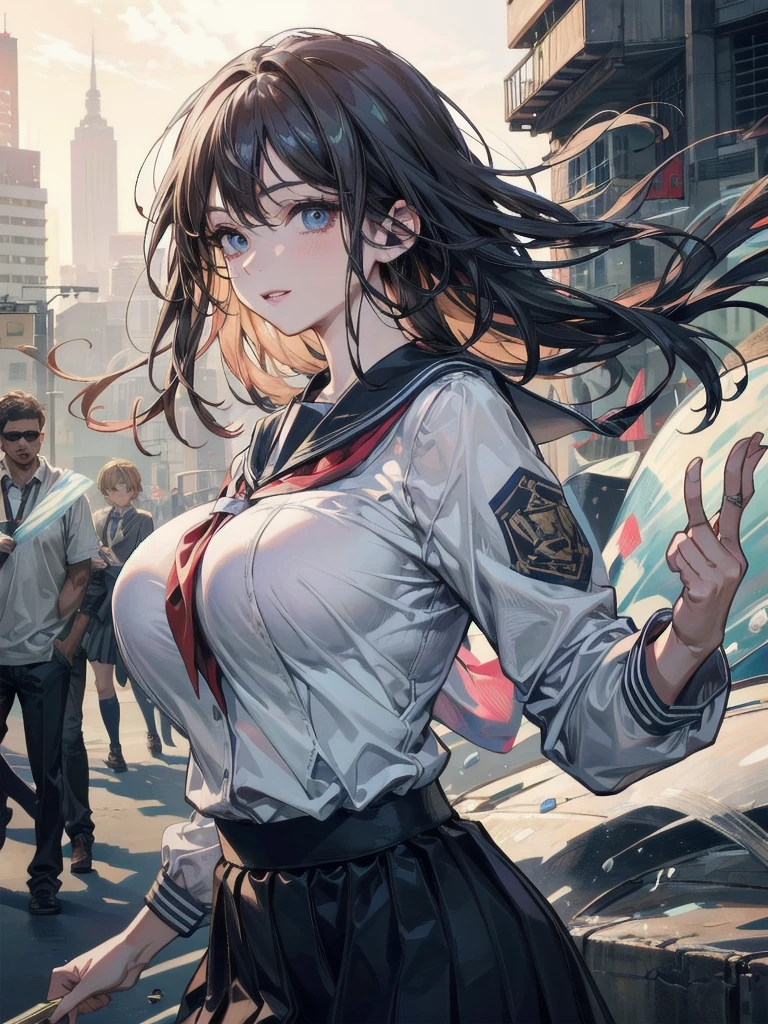 (One Girl, 28 years old:1.3), (Realistic:1.4), (masterpiece, Highest quality, Highest quality, Official Art), Very detailed, Most detailed, (Very detailedな), ((Very delicate and beautiful)), Cinematic Light, (Realistically:1.3), (Very detailedな肌:1.2), High resolution, 8k UHD, 4K, 8k, Bokeh, Digital single-lens reflex camera,(Cute older sister:1.3)、Long eyelashes、Slanted Eyes、Spring atmosphere、Troubled face、noon、Aggressive、((Strong winds))、 Dynamic Angle, From below, Moderately busty、Focus on the chest、 V-neck, Please spread your legs a little、Henry Shirt、skirt、Brown Hair、shy、Wet、rain、Gazing at the sky