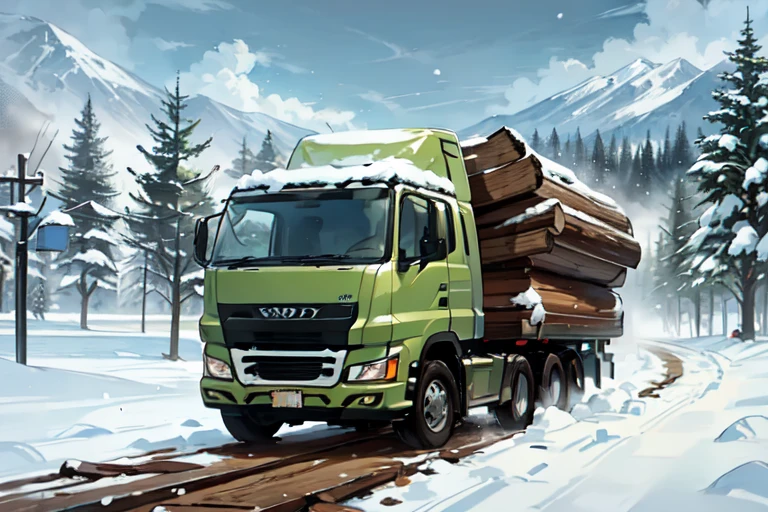 A large timber carrier truck, heavily loaded with logs, driving through a snowy winter landscape. The truck is framed from the side, with the snowy road stretching out in front of it. The background features tall, snow-covered pine trees and a distant mountain range under a gray, overcast sky. The truck's tires are covered in snow, and its exterior is dusted with frost. The composition is balanced, with the truck in the center and the snowy surroundings creating a serene, cold atmosphere. The action is steady, with the truck moving forward through the winter scene.