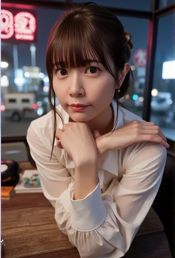 A photorealistic portrait of a 20-year-old korean girl with short wavy fringe hair. wearing shirt art rose motif pattern, She should have a very $exy and natural expression. The background should be a balcony hotel. Capture this image with a high-resolution photograph using an 85mm lens for a flattering perspective.