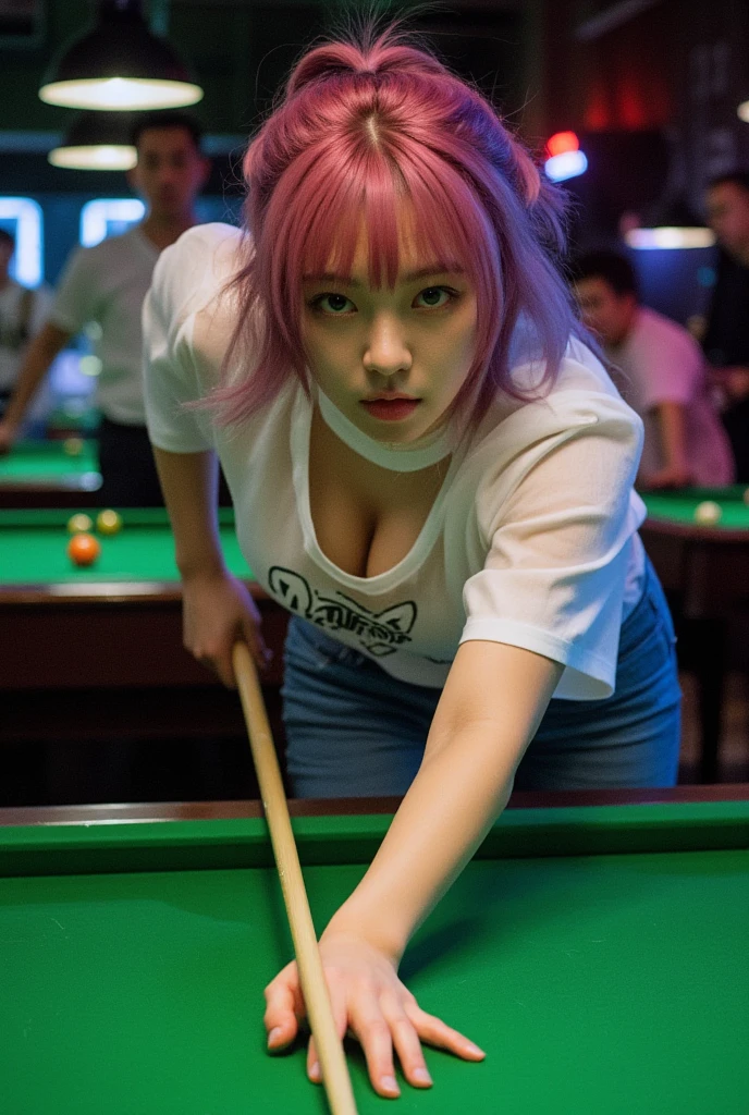 Create a highly detailed and photorealistic image of Mylene St-Sauveur. She is leaning forward on a billiard table, ready to play, a cue in her hand. She has a sporty, fit build with small perky breasts and long pink hair with purple streaks, styled in a more controlled, wavy cut and attached in a loose ponytail on the side. She is leaning forward extremely and intently over a green pool table in a modernly styled, dimly lit billiards hall, aiming her shot with a cue. She wears casual, modern clothing, specifically tight-fitting jeans and avery loose, oversized sheer white t-shirt, very large neck opening. Upblouse view showing breasts and some nipple. Erect nipples. The setting includes modern overhead lighting and a background filled with other players observing the game. (Holds a billiard cue), (Playing billiard), (Ready to hit the ball with the cue), (Leaning on the table with intent to play billiard), (downblouse view showing some breasts).