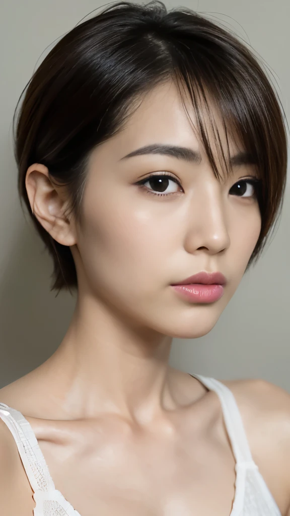 thirty-six years old, Japanese, woman,
165cm tall, 53kg weight, 84-58-86 measurements, oval face shape, arched eyebrows, large gentle eyes, small nose, plump lips, slim body type, natural makeup, calming presence,
pixie cut hairstyle, pink beige hair color, wearing a white aesthetician uniform,
