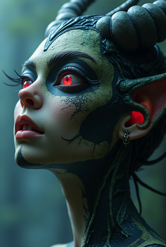 a woman with gray skin, orange eyes, pointy ears, a crown of dragon horns, no hair but many horns, detailed face, highly detailed, cinematic lighting, fantasy art, digital painting, masterpiece, 8k, hyper realistic