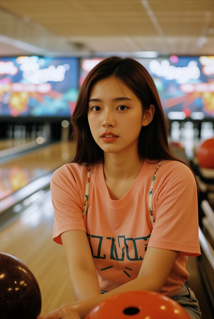 high quality,HD,16k,sharp lines,1 girl,Female bowling athlete ,cute face, large breasts, nice legs,At the bowling venue,focus girl,detailed beautiful face,detailed clothes,beautiful eyes,cool,dynamic angle