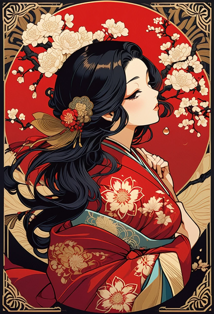 .flux .imagine a close up of a woman with a flower in her hair, vector art inspired by Takato Yamamoto, deviantart, ukiyo-e, highly detailed vector art, japanese art style, oriental art nouveau, mucha style 4k, style of shepherd fairey, beautiful retro art, organic seductive geisha, in the art style of ukiyo - e, shepard fairey