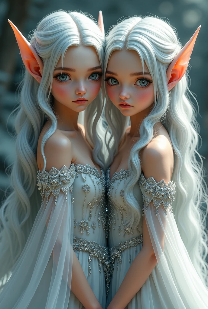 2  girls, with short hair, one white and the other black, elf ear, hugging each other