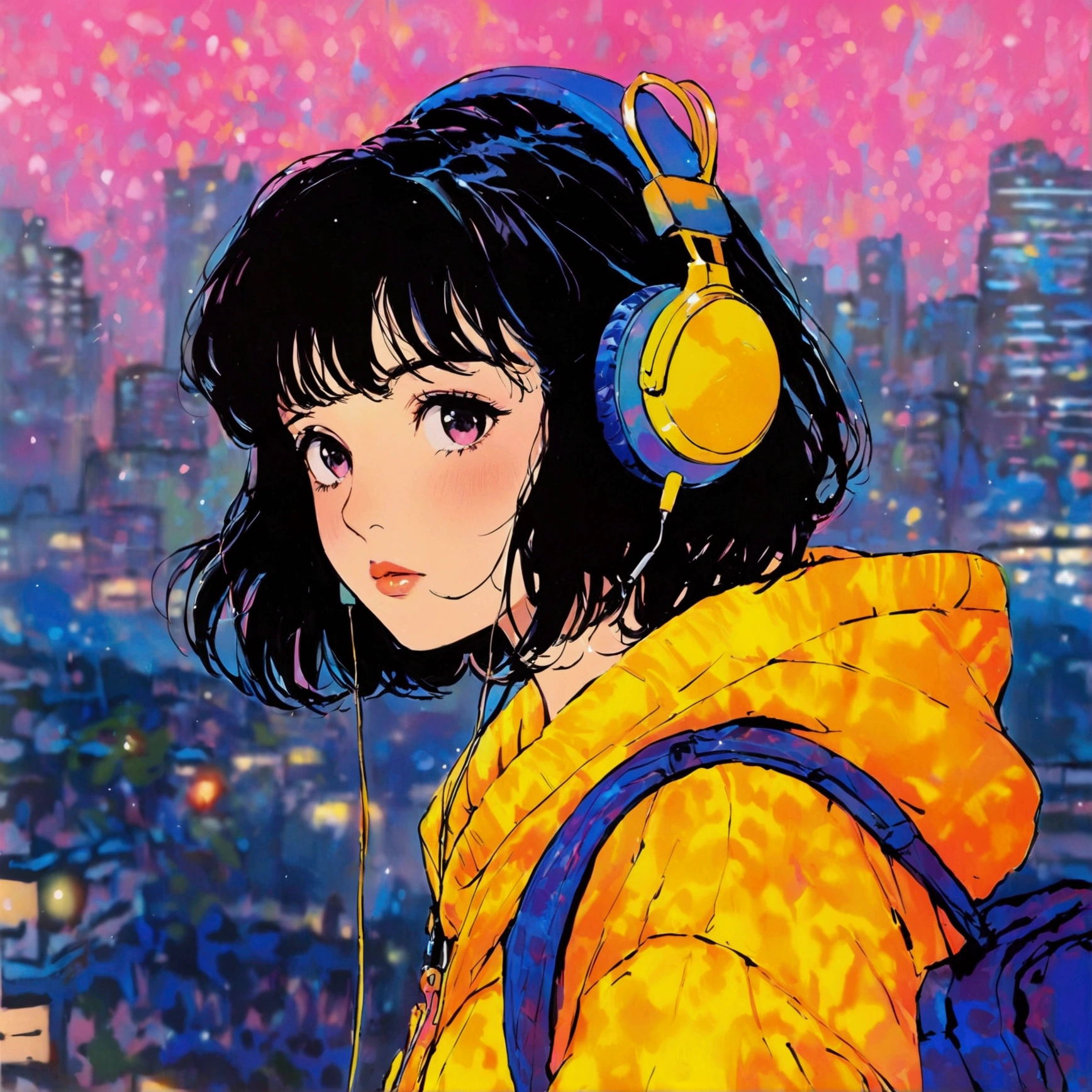 An illustration in the style of 80s city pop. Please create an illustration with an emotional atmosphere.。　A cute girl is wearing headphones and listening to music。 and 。It feels like there's a slight sense of realism。The clothes have no sense of the season 。
