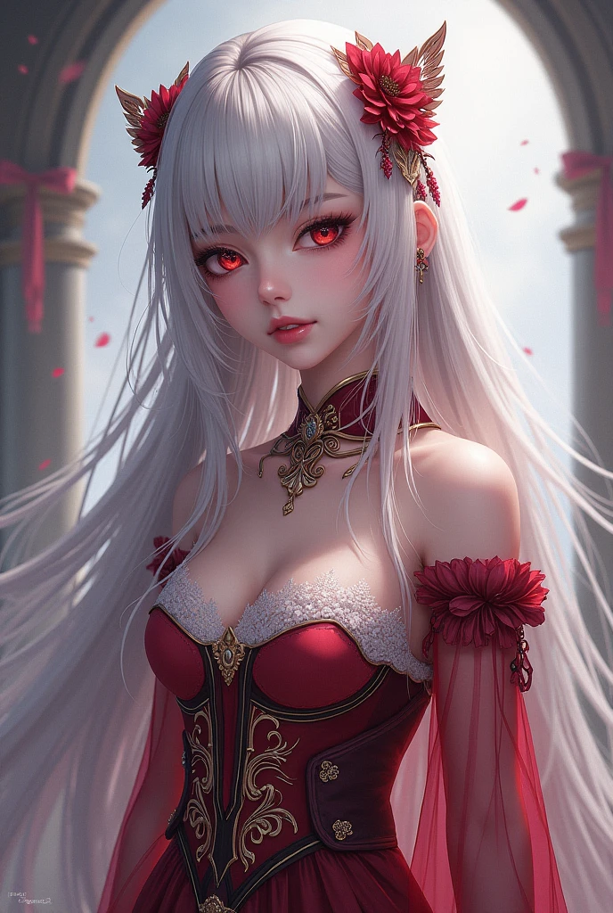 masterpiece, best quality, illustration, sax red, red rose earrings, platinum necklace, red fancy dress, 1girl, sexy, (dynamic lighting:1.2), cinematic lighting, delicate facial features, red eyes, detailed eyes, sharp pupils, realistic pupils, depth of field, bokeh, sharp focus, (hyper-detailed, bloom, glow:1.4), many small gems, A female albino, she/her, pale skin, with long silky white hair with bangs covering my eyebrows, red albino eyes, has quite a huge boobs