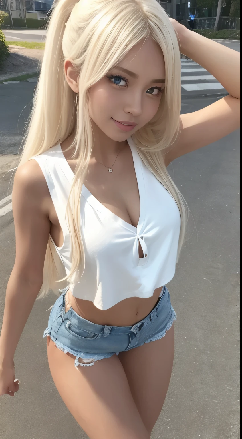 Non-NSFW、Genuine、 best quality、masterpiece、 ultra high resolution、 RAW photo、Genuine、 bright lights on the Ped、 Face Light、 smooth professional lighting、 Staring at the Camera to Capture the Audience 、Alone、 girl、cute girl、super beauty、(Brown Skin:1.2)、 Moisturized Skin 、 Perfect model figure、(Thin legs:1.2)、 almond-shaped eyes 、Big Eyes, (blue eyes:1.4)、Inconspicuous tear bags、 slim,( very long hair:1.5)、beautiful, Vivid Photos by Emily Soto , clavicle, (immature:1.3), best quality, attractive, (smile:1.4), Big Breasts , (masterpiece),( best quality), (platinum blonde:1.4), small ass , (Evening:1.4), ( sommer:1.2), ( sandy beach:1.2), (Night sea:1.2), (Cropped Colorful Sleeveless shirt with knot on chest:1.4), (White denim shorts:1.2), (Sandals:1.2), ( some sexy poses:1.3),(walking:1.3)