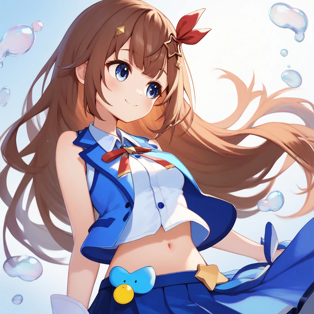 1girl, {{{{Tokino Sora}}}}, {{hololive}}, brown hair, blue eyes, long hair, red ribbon, star hair ornament, cowboy shot, medium breasts, neck ribbon, blue skirt, sleeveless shirt, navel, bangs, midriff, Blue vest, smile,
（1124）Today's challenge theme：Magical Bubbles/magic bubble/Magical bubbles