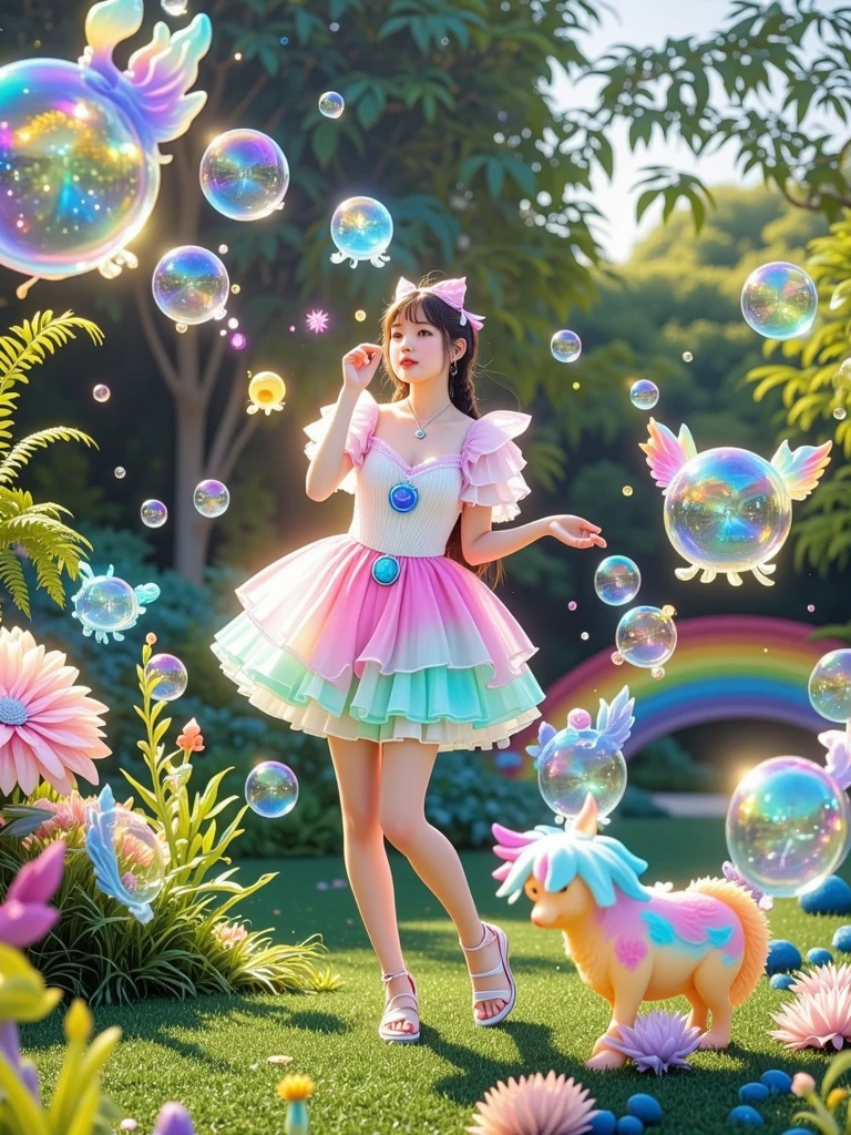 [Vision:1.0]，[Wide Angle:1.0]， cute little princess blowing bubbles ， forming magical animal shapes ， wearing a flowing pastel dress ，fantastic expression ， surrounded by whimsical gardens ， charming atmosphere ， colorful glowing magic bubbles， forming intricate animal patterns ，fairy tale，Fantasy Art，(3d, C4D Rendering, Bright colors，Bright，RGB,  Colourful)，(High contrast:1.5)，(whole body:1.8), Magazine Photography， is popular on social platforms，((Dopamineism))，((( dopamine color scheme )))，Facing the screen，Dopamine color，High Saturation， High Contrast， high definition ，Dopamine，(in the style of Y2K)