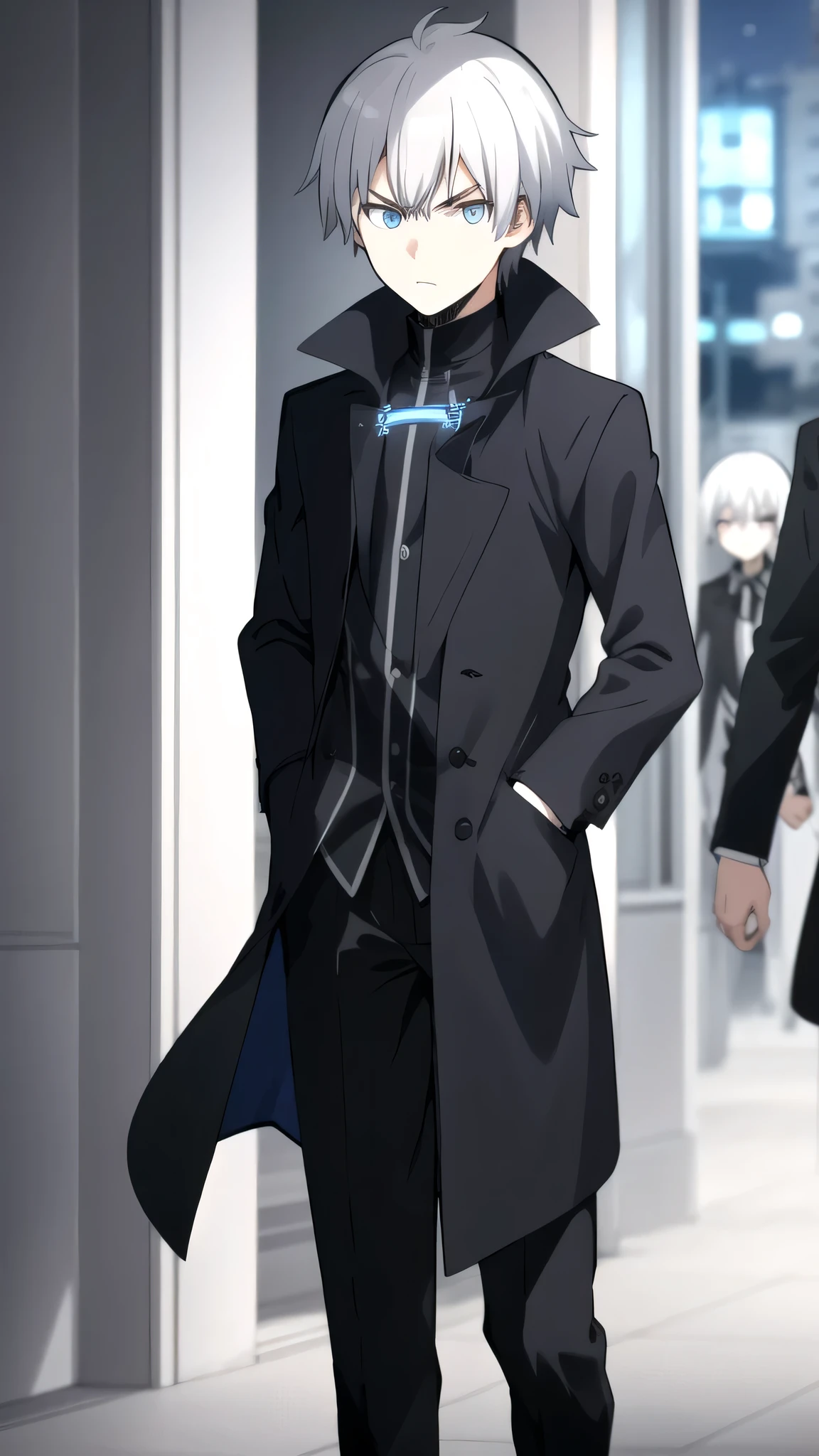 ultra high res, best quality, masterpiece, 1boy, KarmaAkabaneR4,Silver hair,Blue eyes, blurry, , depth_of_field, eyebrows_visible_through_hair, indoors, wearing dark long coat, holding sword, looking_at_viewer, _focus, , angry, solo, Night city