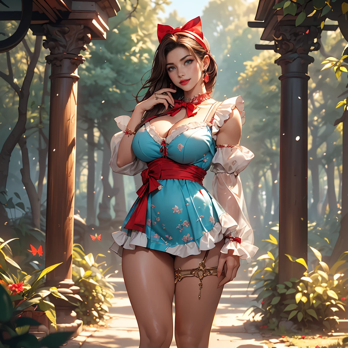 (((1 woman in frame), Pretty Caucasian (female), Sarah Shahi, a slim but muscular body, huge breasts)), ((bright red lipstick)), ((seductive smile)) ((big bright blue eyes looking towards the viewer)) ((short tied dark brown hair)), Ultra realistic 8K, flawless, tall,(Red Lip, Heavy makeup), Earring、running behind butterflies、Nikon Z 85mm, ((Best Quality)) ,((masterpiece)), intricate details, Extremely delicate and beautiful, ((alice in wonderland costume:1.6, (jet black puffed sleeve short micro mini dress(ultra mini dress, very very very very very short dress exposing panties)、jet black bunny ears、((beautifull exposed long thighs))、)):1.0、detailed two hands and fingers、Full body shot:1.0、Sexy look, standing pose、NSFW:1.0, forest background, evening, ((view from front))、
