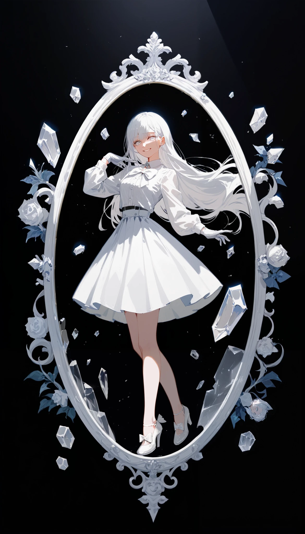  ,White hair, Beautiful long hair  ,  in white eyes ,White eyelashes , long sleeved white silk shirt, Wear white gloves,  Medium Bust,smile,cute, black background, chainsaw art,White skirt,White leather shoes, Full Body Image ,Small white bow,Broken glass picture, mirror Shards art