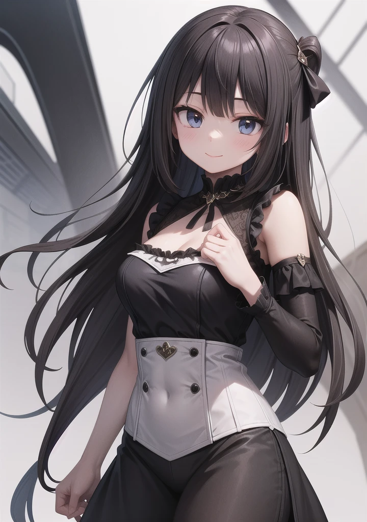 masterpiece, detailed, vibrant colours. best quality, highres, absurdres, 1girl, sakurajima mai, solo focus, outdoors, street, long black hair, bunny ears, wearing a black suit with white shirt and bowtie, stockings with garters, maid-inspired outfit, detailed facial expression, large eyes, soft lighting, intricate background with subtle light effects, slightly blushing, standing in a confident pose