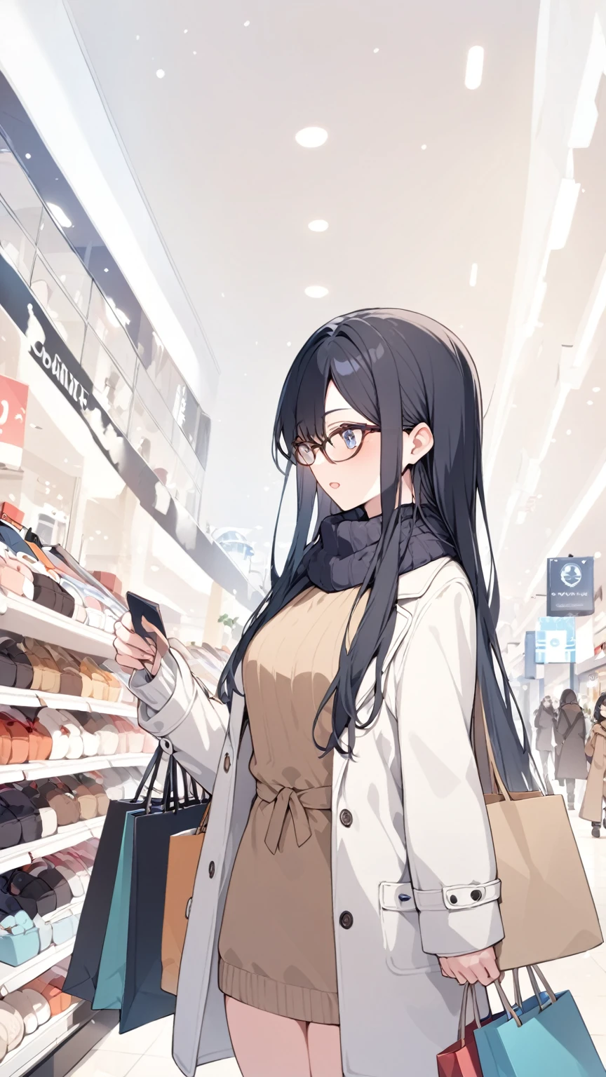 Black hair, long hair, glasses, winter clothes, shopping, shopping mall