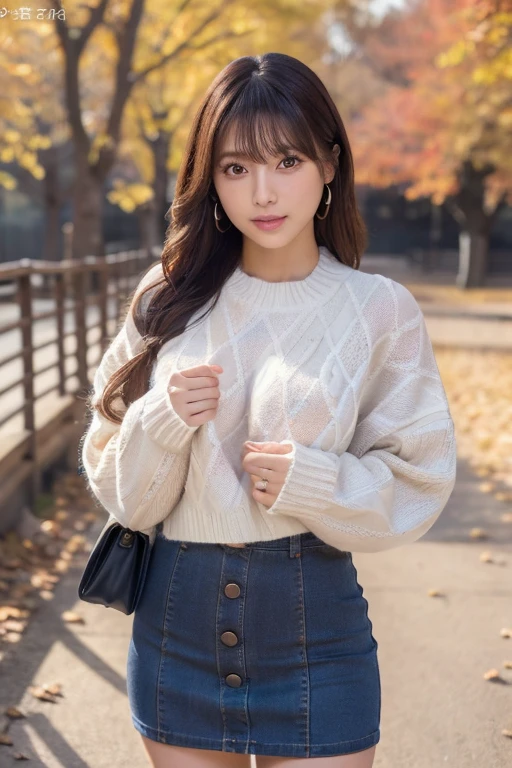 (masterpiece, best quality, perfect anatomy, highres, 8k, realistic, photorealistic, natural skin texture:1.2), 1girl, solo, Japanese, age20, jp idol, parted lips, (very cute:1.2), large breasts, perfect figure, (oversized sweater:1.2), denim mini skirt, at autumn park, cowboy shot