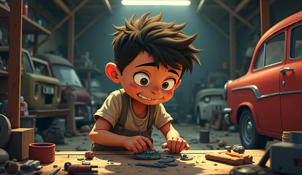 A boy of about 10 years old wearing an orange polo shirt, holding a wrench in one hand, is sitting on his knees facing left. 3D image