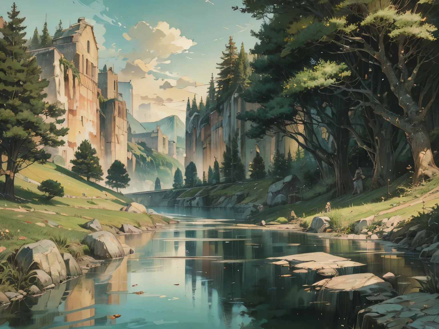 Draw a small village and river, anime beautiful peaceful scene , Very beautiful scenery, landscape painting, Landscape painting details, very beautiful digital art depicting a small village and a river, The beauty of natural scenery, Beautiful art uhd 4k, Very beautiful photos, Beautiful Nature, Landscape Wallpaper, really Beautiful Nature, beautiful digital artwork , Beautiful background, Cherry Tree, Anime Style