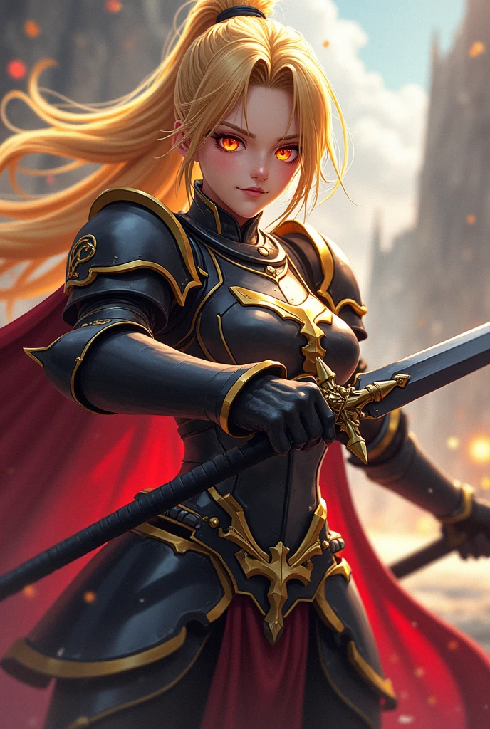 Beautiful images,Detailed Images,Official image,A woman wielding a sword,Blonde,Blue Eyes,Ponytail Hair,Model body type,(Dark Skin:1.3),Elf Ears,Large Breasts,(Decorated Black Knight Heavy Armor,Black Gauntlet,Red Cape:1.3),