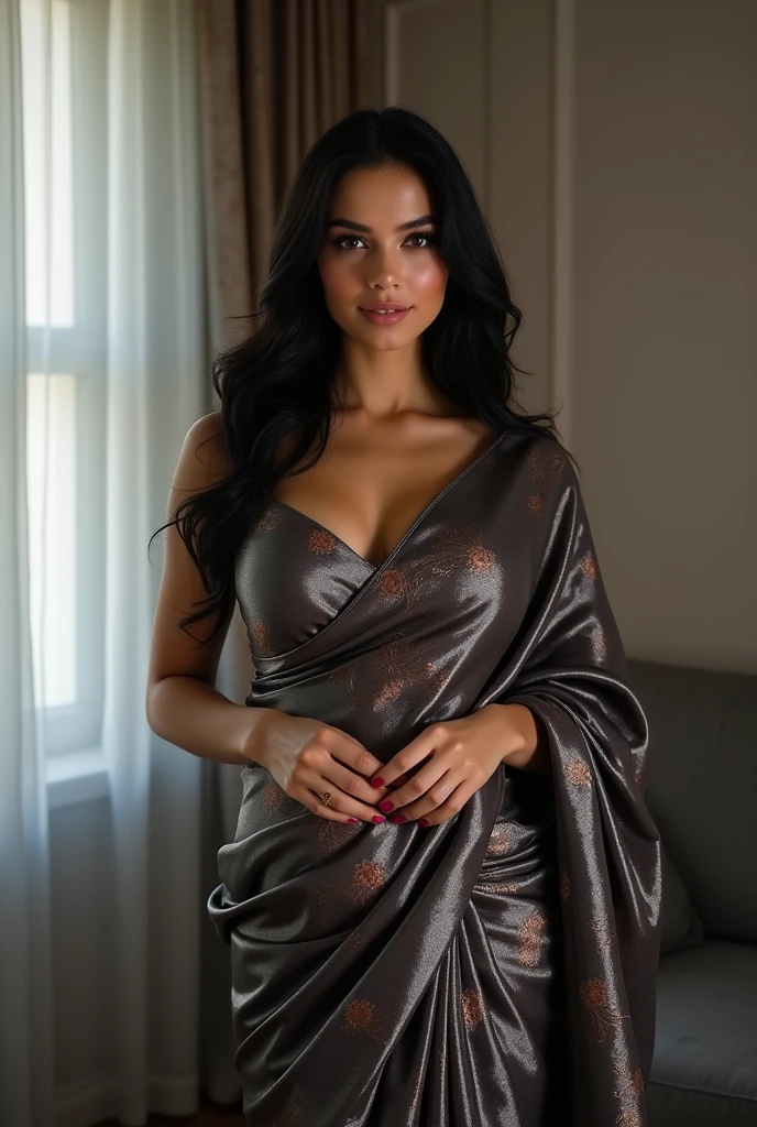 Create an ultra-realistic image of a modern, attractive female influencer of Indian descent, aged between 27 to 30. She should have a warm and inviting smile, expressive almond-shaped eyes with a slight shimmer, and clear, glowing skin with a medium brown complexion. Her features should be well-defined, with high cheekbones and a sharp jawline. Her hair should be a deep, reddish-purple hue that’s bold yet sophisticated, styled in an intricate updo with curls and volume. She should have a slender yet athletic build, reflecting a healthy and active lifestyle.

She is wearing a wrap dress, flattering for any figure, in patterns like animal print, floral, or solid colors like navy, green, and pink. The dress highlights her toned figure and emphasizes her bust size, which is medium (42-44 inches), offering a balanced and proportionate look. Her outfit is completed with stylish black heeled sandals that add elegance to her look. She accessorizes with subtle yet chic jewelry, such as small hoop earrings and a few thin bangles.

The background should be an elegant ballroom with classic and opulent settings, featuring chandeliers and grand decor. Her overall appearance should exude confidence, approachability, and sophistication, capturing the essence of a contemporary Indian fashion influencer.