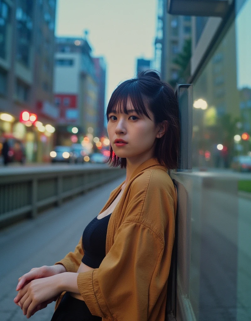 Realistic high definition photography, Wong Kar-wai Hong Kong film atmosphere, vintage film photography, rediscovered, cool tones, faded photography, grainy emotional early 90s atmosphere, old photo, (close-up of upper body profile: 1.4), Canon 8k, 88mm, Asian woman leaning against a high balustrade on an empty Milan bridge at night, 1 person, solo, 26 Age, small face, thin body, long limbs, (huge natural breasts: 1.8), short hair, profile, great face, (looking at the camera leaning on the railing of the balustrade with her head slightly raised: 1.8), black bra, camel leather jacket with a plunging neckline, orange highlight lighting, dust and particles reflecting off the bridge lights, (Asian woman leaning on the railing of a high balustrade on a bridge: 1.8), out of focus, the night city looks blurry in the distance, the viewer is struck by the beauty of her eyes as she looks at them