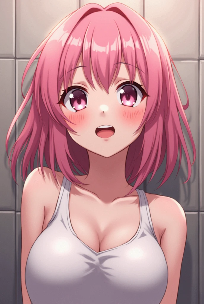 (Best Quality: 1.1), (Masterpiece: 1.4), (Absurdity: 1.0), Portrait, Close Up, 1 Girl, Momovelia Deviluke, Hair Ornament, Bob Cut, Short Hair Pink Hair, Purple Eyes, Medium Breasts, Underwear, Watching Viewer, Classroom, (Blush: 1.2), Smile, (NSFW), Masturbating While Breast-Rubbing,