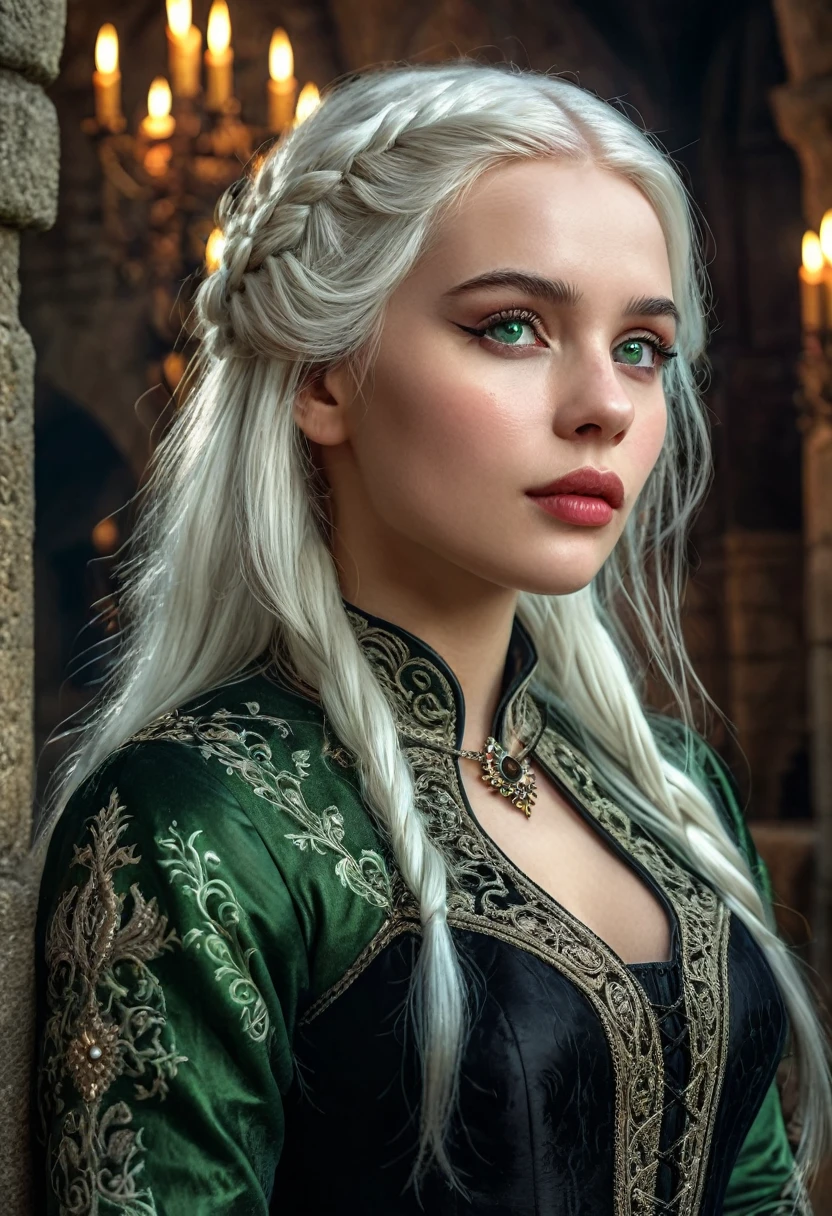 a targaryen princess with white hair, wearing a black-green medieval dress, beautiful detailed eyes, beautiful detailed lips, extremely detailed face, long eyelashes, intricate medieval dress, delicate facial features, regal expression, detailed fantasy castle background, dramatic lighting, cinematic composition, high quality, digital painting, realistic, photorealistic, HDR, 8k, cinematic, fantasy art
