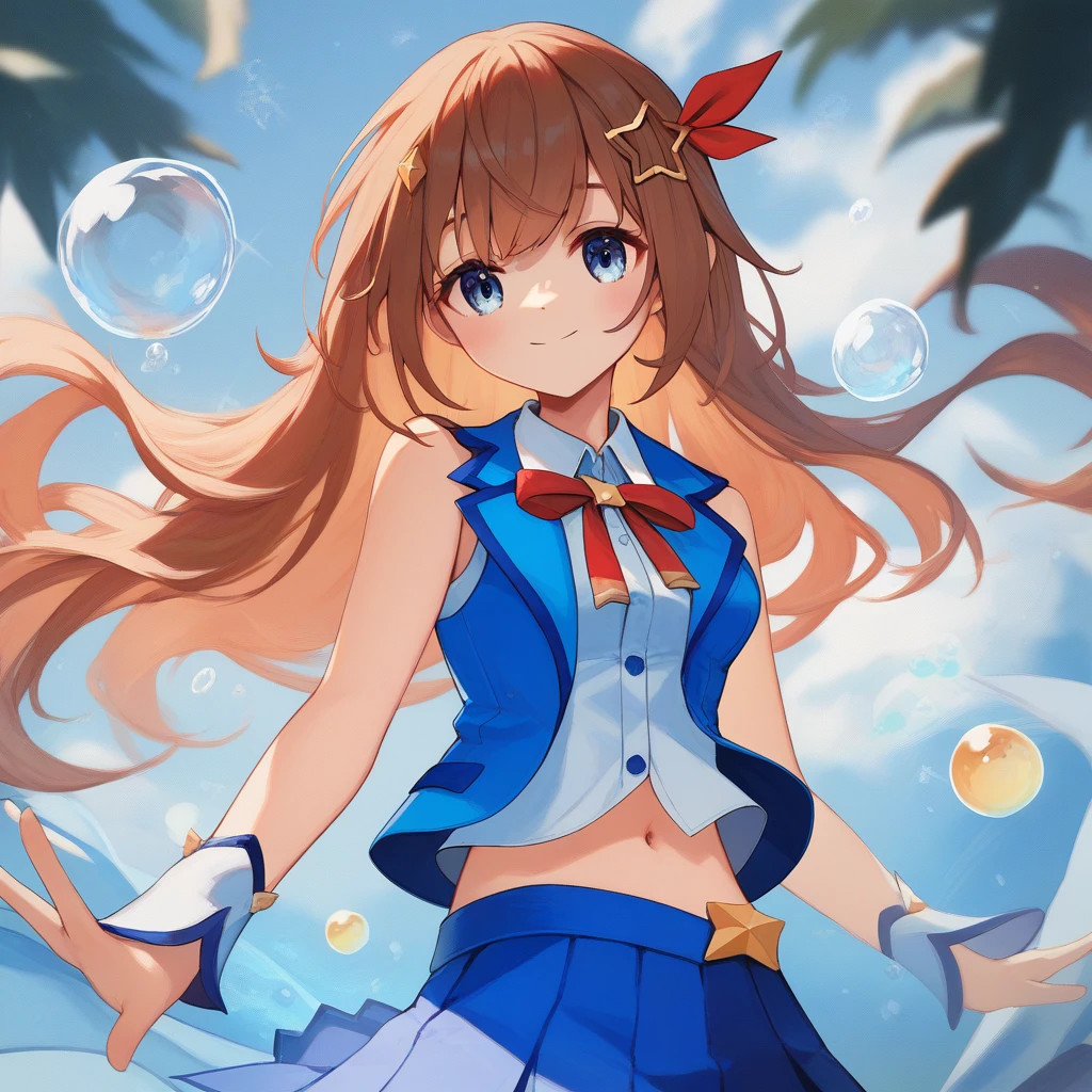 1girl, {{{{Tokino Sora}}}}, {{hololive}}, brown hair, blue eyes, long hair, red ribbon, star hair ornament, cowboy shot, medium breasts, neck ribbon, blue skirt, sleeveless shirt, navel, bangs, midriff, Blue vest, smile,
（1124）Today's challenge theme：Magical Bubbles/magic bubble/Magical bubbles