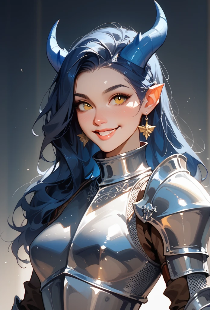 (half shot) female knight, full knight armour, Adult female kobold, with long dark blue hair, long hair, yellow eyes, blue scale skin and small blue horns, and an athletic body. small loving smile.