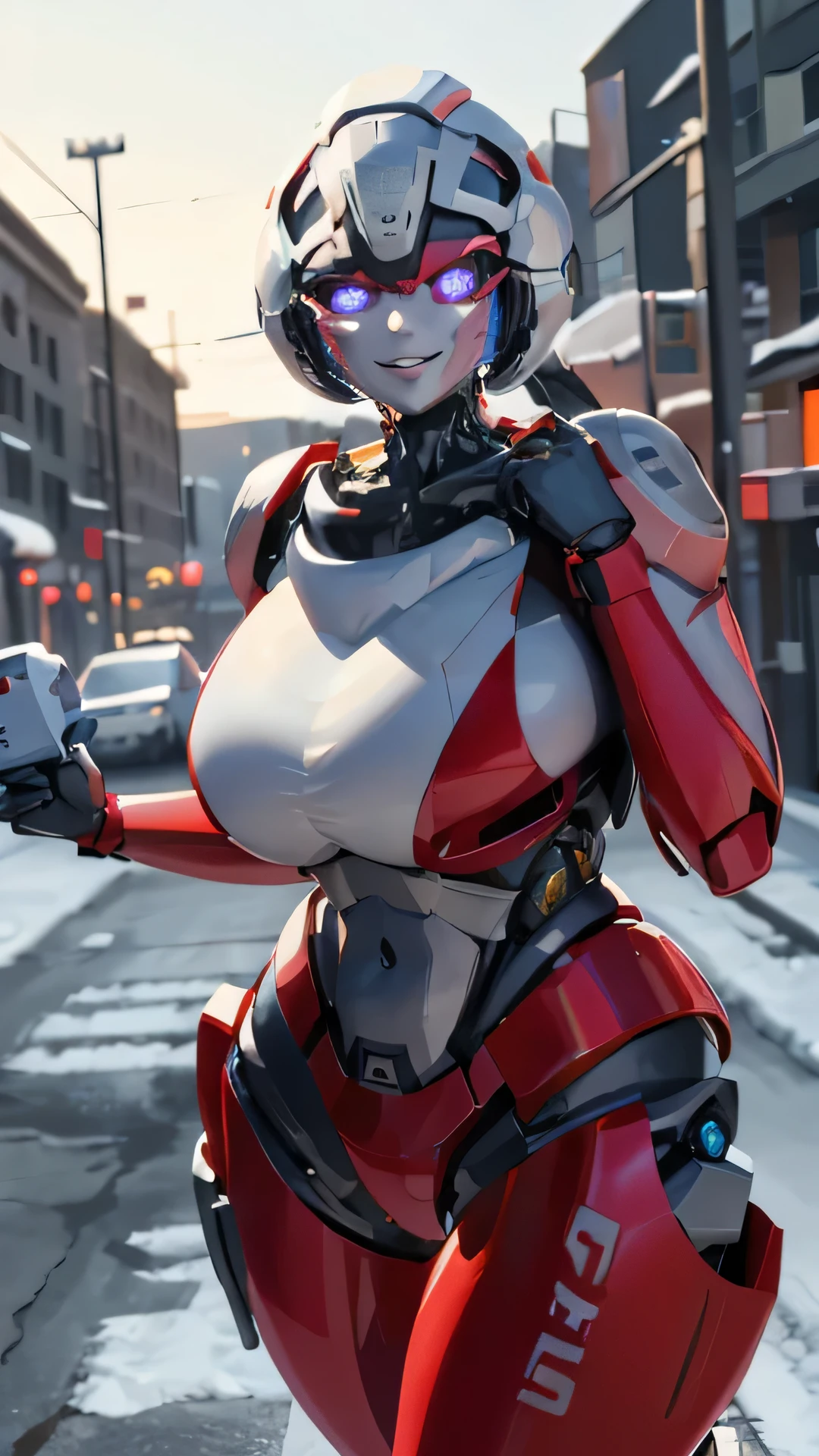 ROTB_Arcee, 1girl, big breasts, smile, robot, mecha, (glowing eyes:1.2), Christmas tree, Christmas gifts, outdoors, wide hips, navel, thick thighs, snow falling on street,