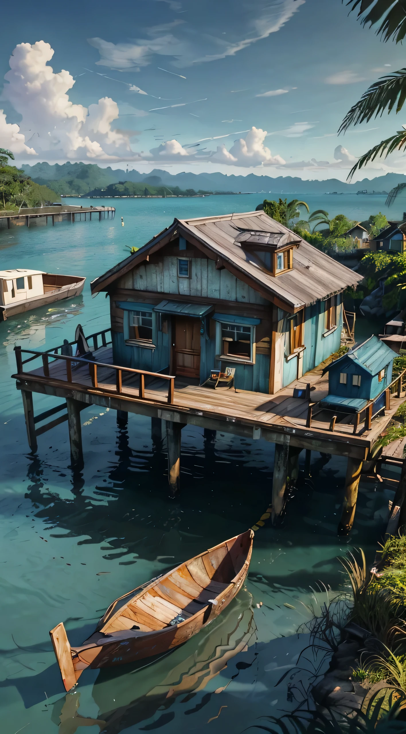 there is a small wooden house on stilts in the water, houses on stilts, wooden house, wood pier and houses, hut, wooden cottage, wooden houses, wooden buildings, wooden structures, near a jetty, an abandoned old, shack close up, waterfront houses, built around ocean, beautiful high resolution, old house, high definition photo, lake house, grin face, young, (Masterpiece), ((Blue skin)), (best detail), digital art, (best qualtiy), Cinematic texture, ((Avatar style)), beautiful pupil, The background is jungle, the rainforest, big leafs