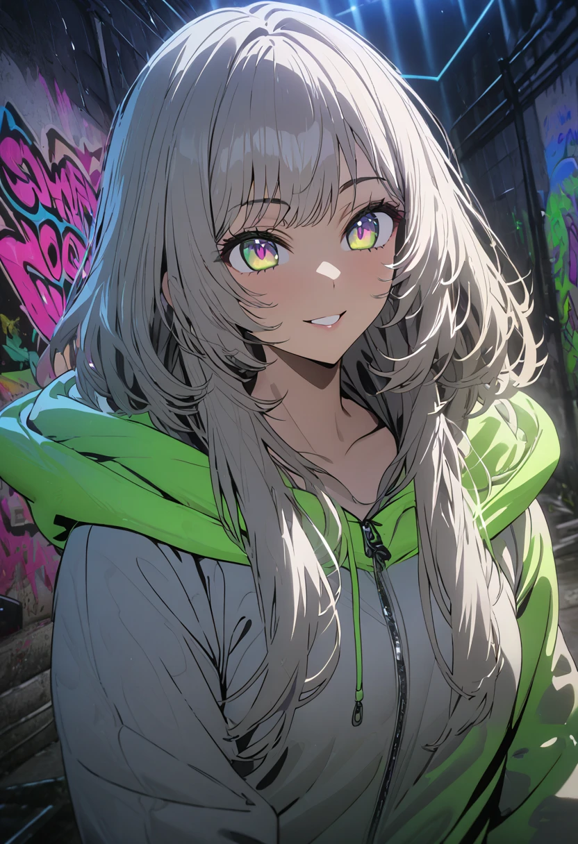 masterpiece,  best quality, 8k, detailed background, masterpiece,  best quality, smile,  small hips ,  hoodies , Portraiture,  neon green, graffiti, dark, night, Shining Eyes,  black light,Akane Kurokawa