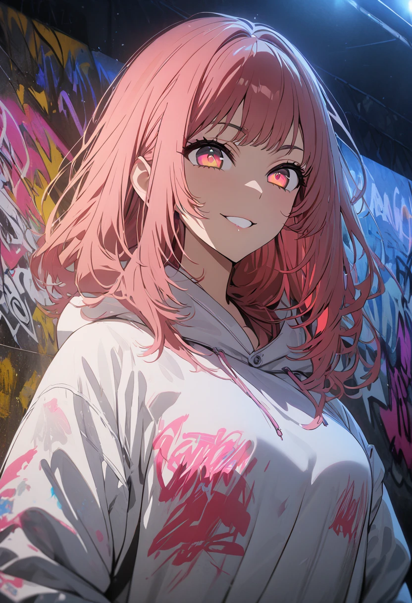 masterpiece,  best quality, 8k, detailed background, masterpiece,  best quality, smile,  small hips ,  hoodies , Portraiture, Neon Red, graffiti, dark, night, Shining Eyes,  black light,Akane Kurokawa